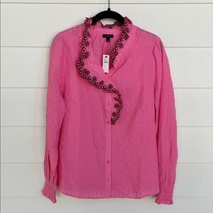 Talbots Embroidered Smocked Pink Blouse with Floral Trim - NWT